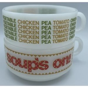 Vintage GLASBAKE Pair of Soup Mug Cups Soups On! Vegetable Chicken Pea Tomato